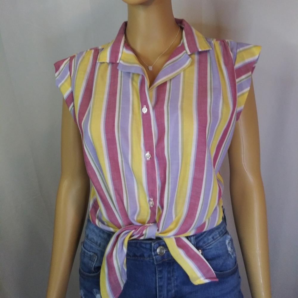 Vintage Striped Tie Front Button Up Blouse Size SM